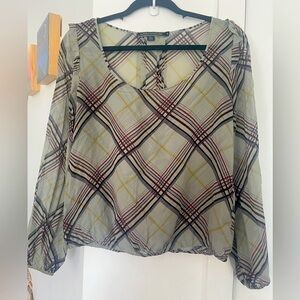 #57 Sandra Angelozzi Olive Green Plaid Long Sleeve Silk Blouse